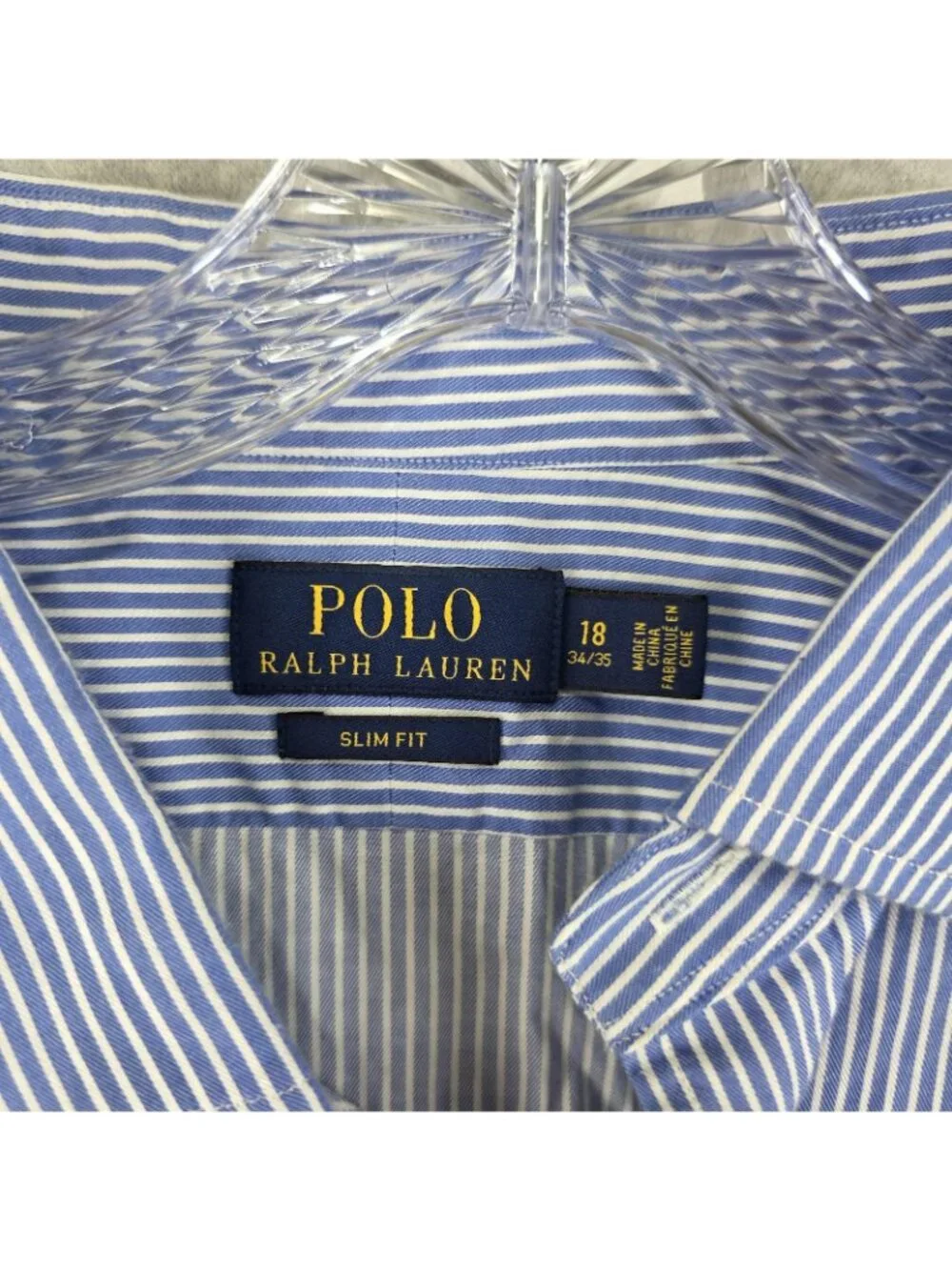 Polo Ralph Lauren Shirt Mens 18 34/35 Blue Pinstripe Slim Fit Button Dress Cotto